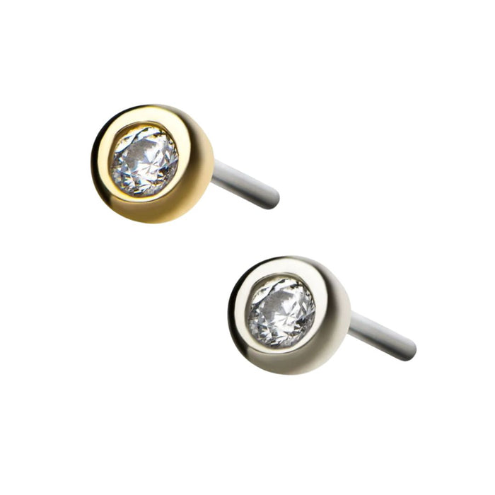 Classic 14K Gold Threadless CZ Bezel Earring with Titanium Flat Back Earring