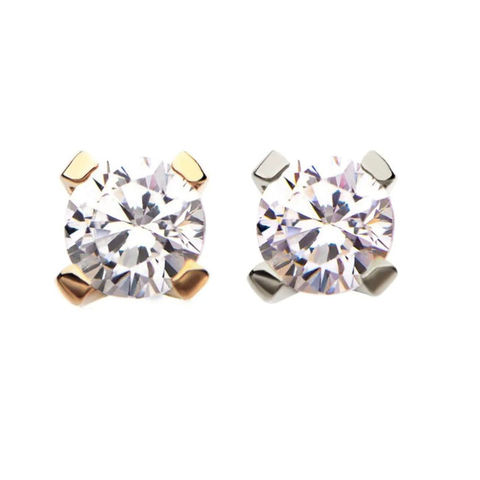 Classic 14K Gold Threadless CZ Prong Earring with Titanium Flat Back Earring