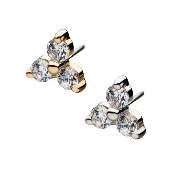 14K Gold Threadless CZ Trinity Earring with Flat Back Titanium Backing