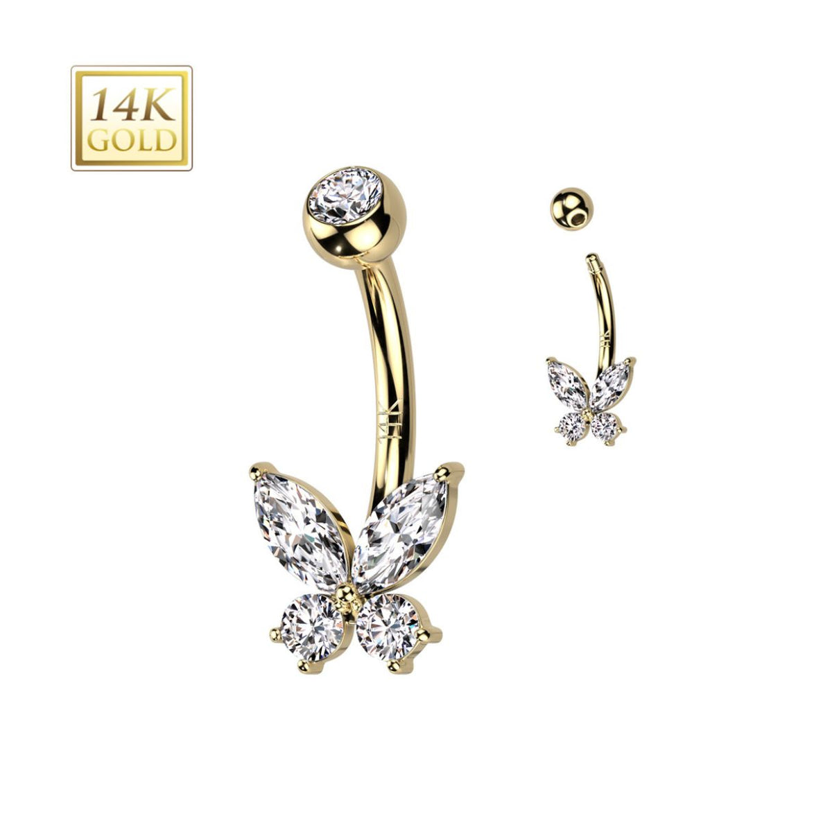 14K Gold Crystal Butterfly Bellybutton Barbell