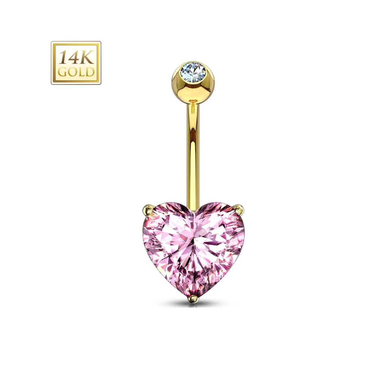 14K Gold Pink Crystal Heart Bellybutton Barbell