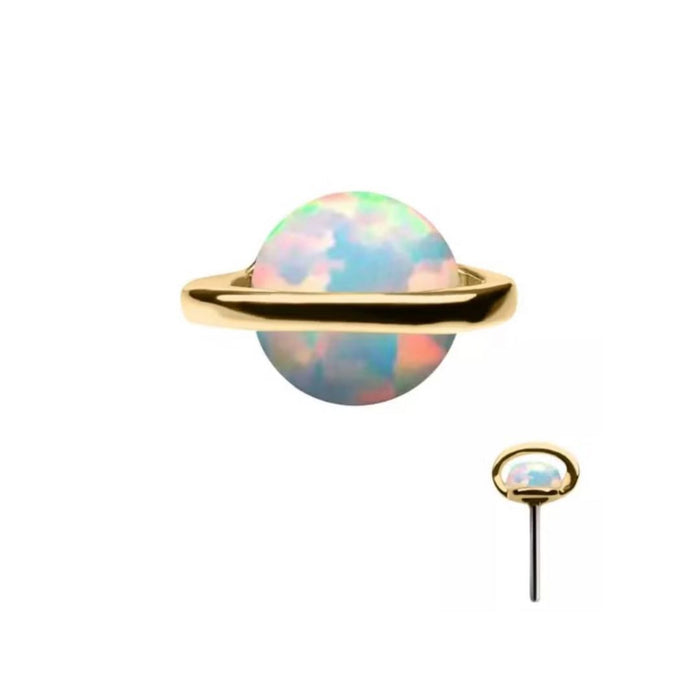 14K Gold Threadless Opal Saturn Earring with Titanium Flat Back Earring