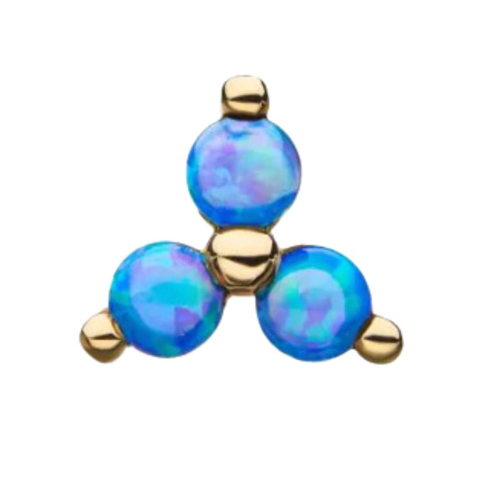 14K Gold Threadless Push In Flat Back Blue Opal Trinity Earring with Titanium Backing