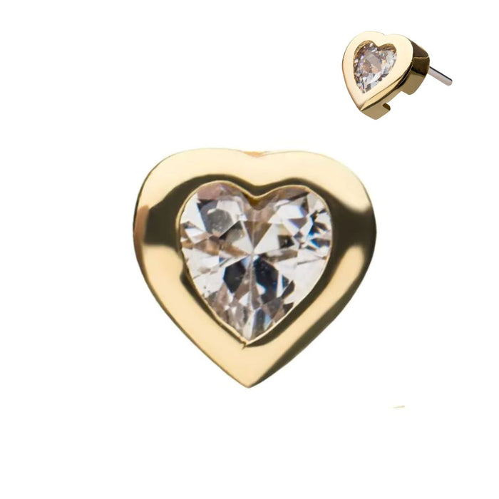 14K Gold Threadless CZ Heart with Titanium  Flat Back Earring