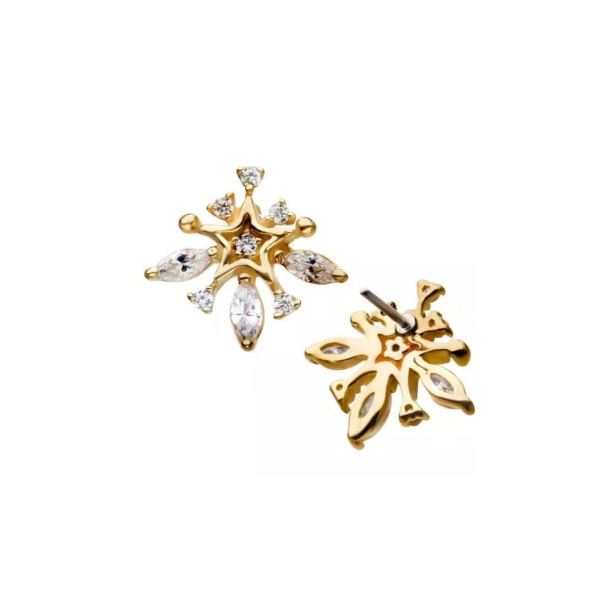 14K Gold Threadless CZ Starburst Earring with Titanium Backing