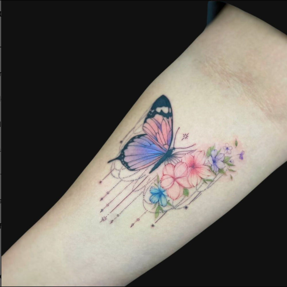 Color Butterfly and Flowers Tattoo