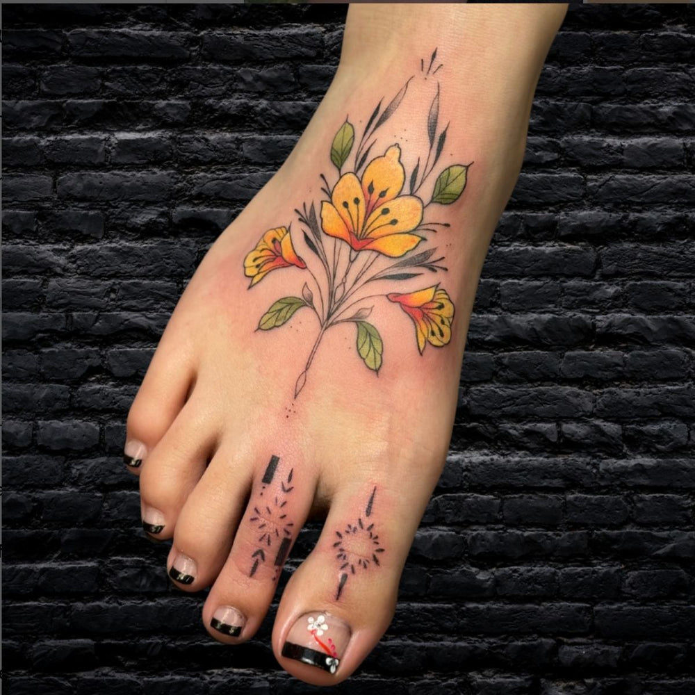 Color Fine Line Foot Tattoo