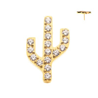 Gold Titanium Threadless Flat Back CZ Cactus Earring