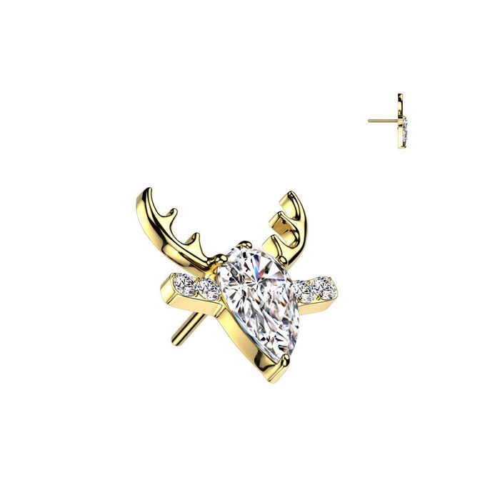 Titanium Threadless Flat Back CZ Reindeer Earring