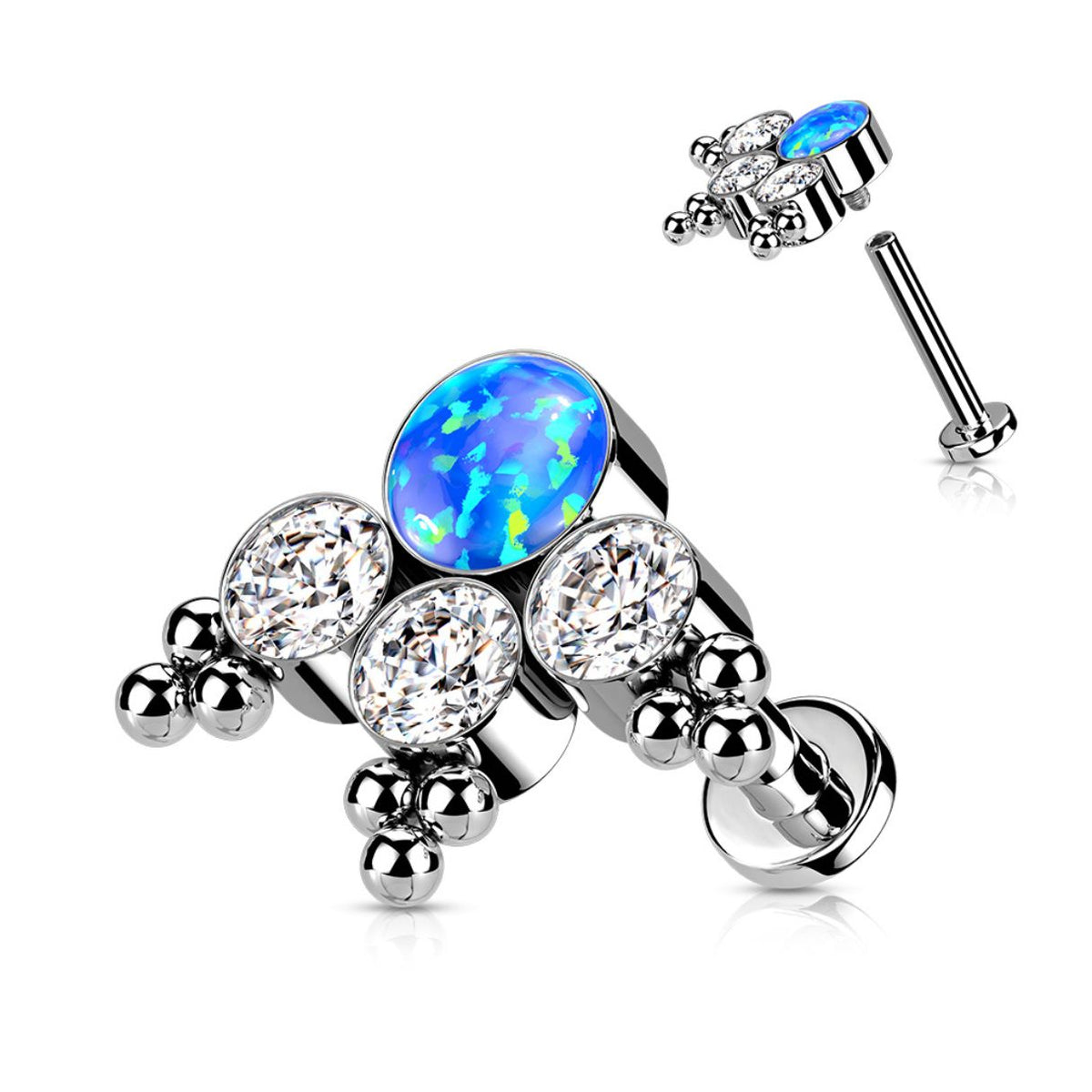 Titanium Internally Threaded Flat Back CZ and Opal Bezel Beaded Cluster Earring