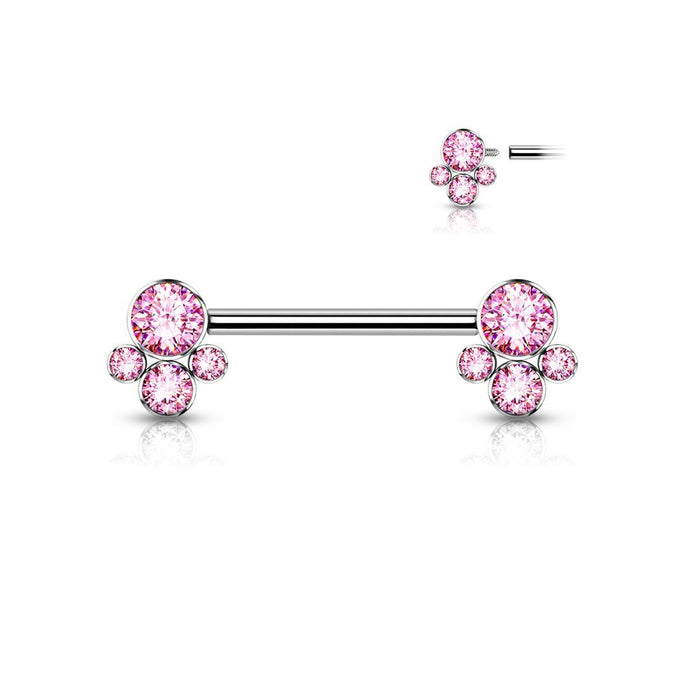 Titanium Internally Threaded Pink Bezel CZ Cluster Ends Nipple Barbell