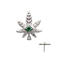 Titanium Push in Threadless Green CZ Weed Leaf 420 Flat Back Earring