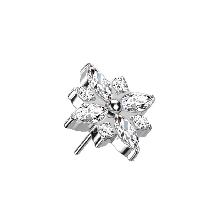 Titanium Threadless CZ Flower Marquis Flat Back Earring