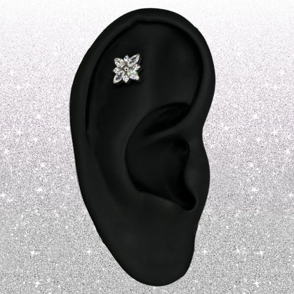 Titanium Threadless CZ Flower Marquis Flat Back Earring