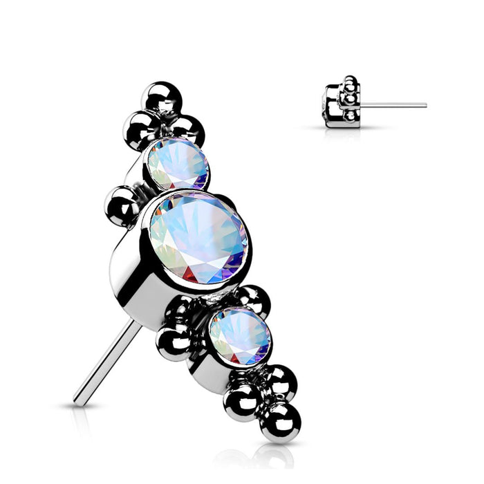 Titanium Threadless CZ Bezel Rainbow Cluster with Tri-Balls Flat Back Earring