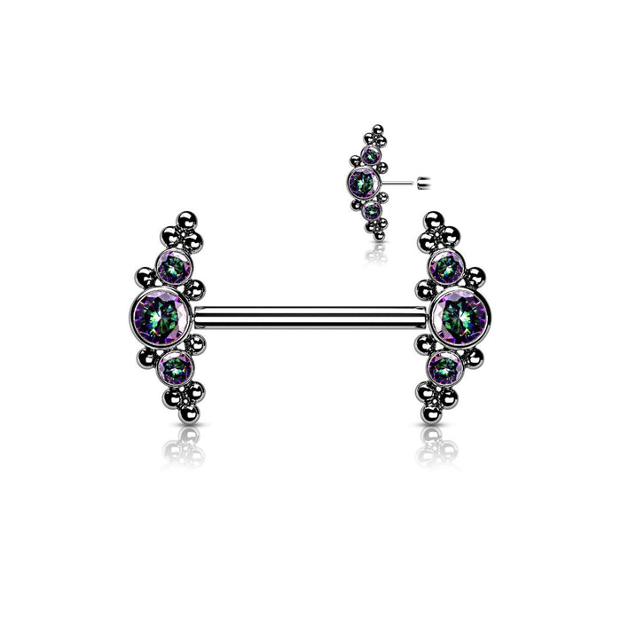 Titanium Threadless Push In Dark CZ Cluster Nipple Barbell