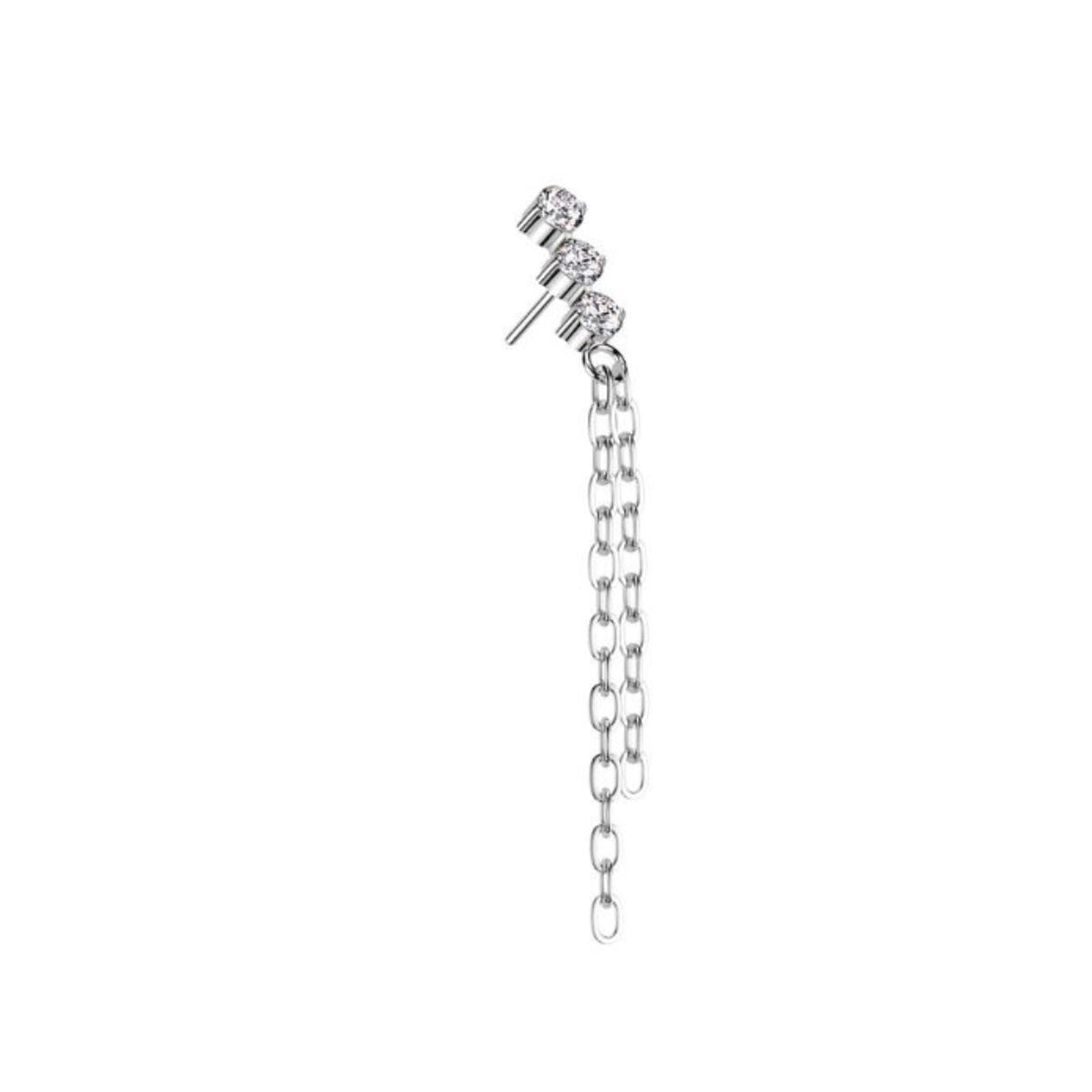 Titanium Threadless Push In Flat Back Triple CZ Prong and Chains Dangle Earring