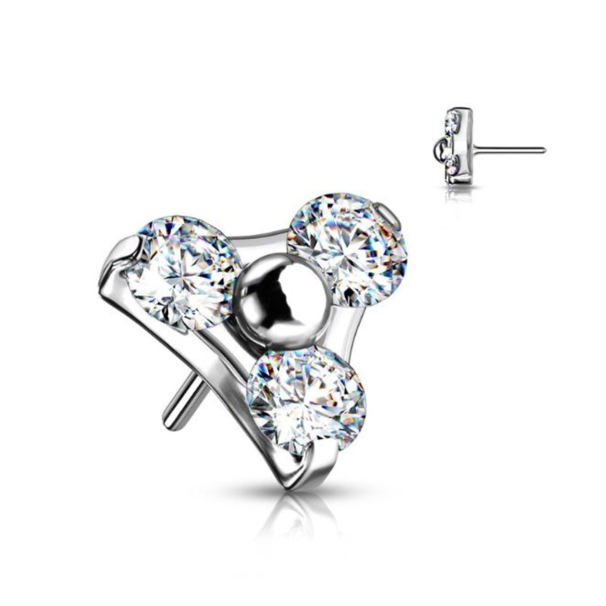 Titanium Threadless Push In Flat Back CZ Trinity Earring