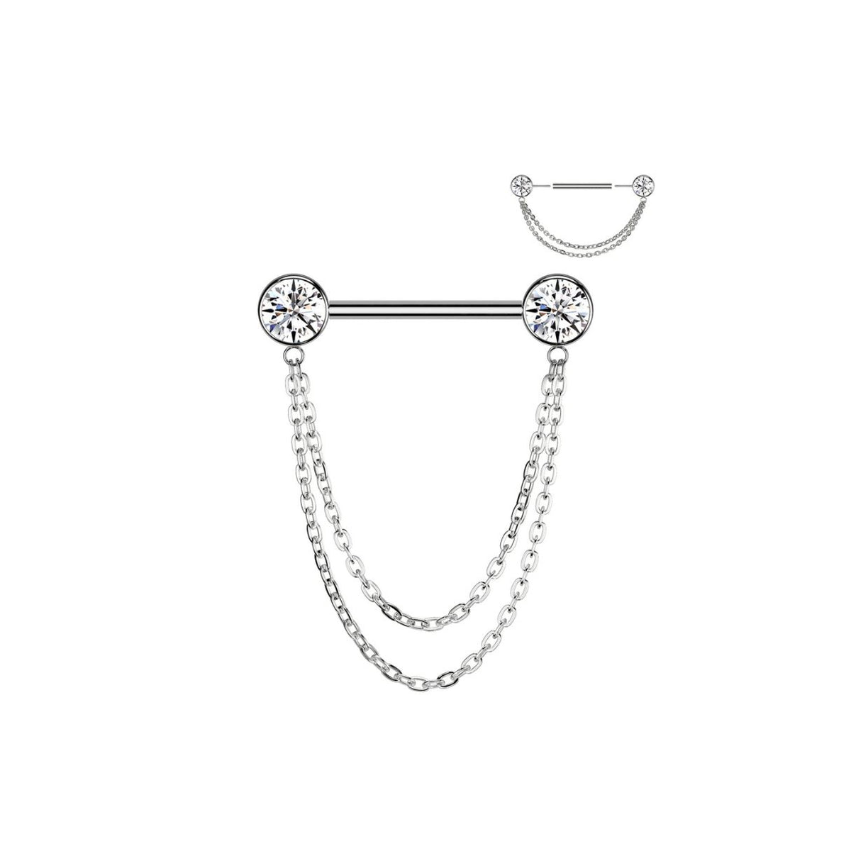 Titanium Threadless Push in CZ and Chains Nipple Barbell