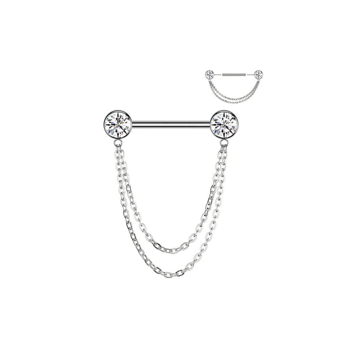 Titanium Threadless Push in CZ and Chains Nipple Barbell