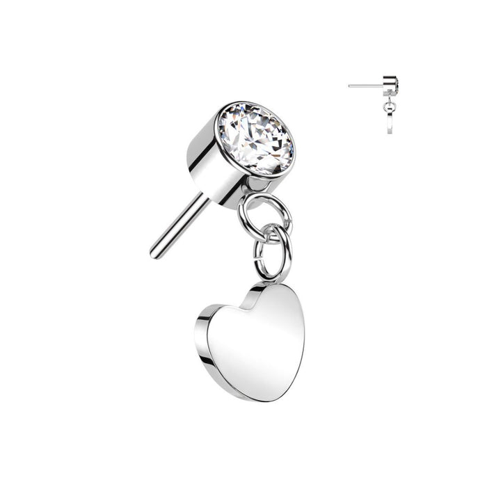 Titanium Threadless Push In Flat Back CZ Bezel and Heart Dangle Earring