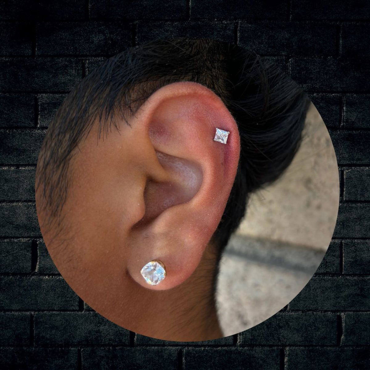 Titanium Threadless Push In Square CZ Flat Back Earring