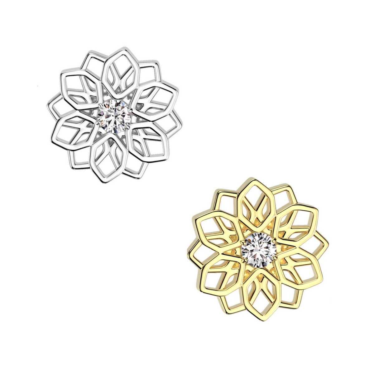 Titanium Threadless Push In Flat Back CZ Mandala Flower Earring