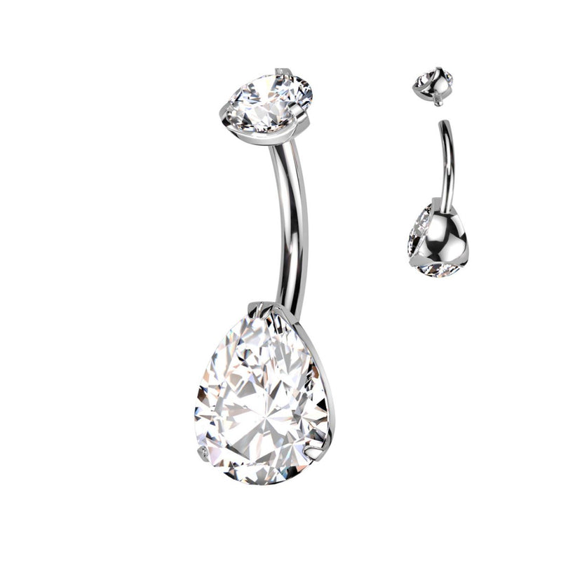 Titanium Internally Threaded CZ Pear Shaped Bellybutton Ring Barbell