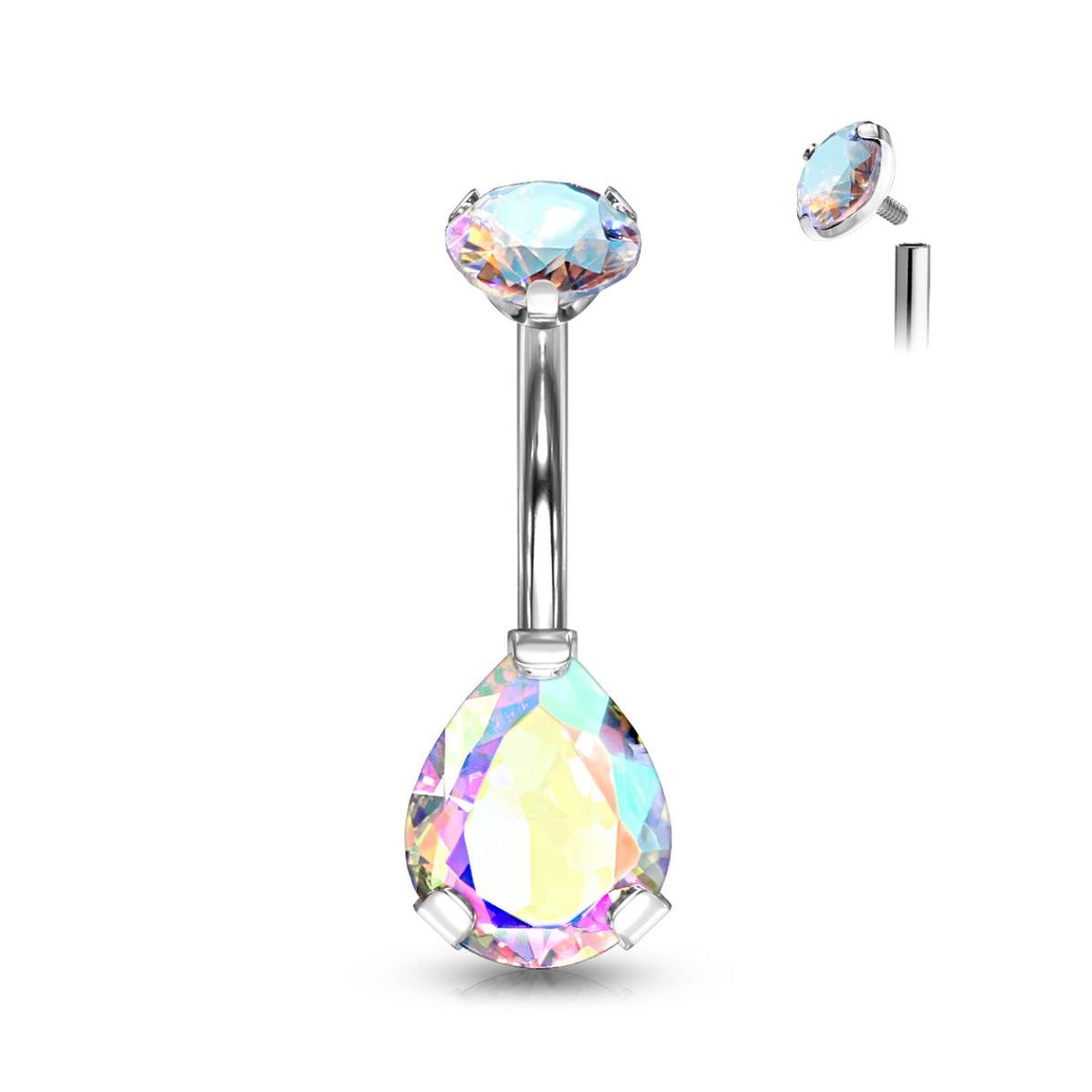 Titanium Internally Threaded CZ Pear Shaped Bellybutton Ring Barbell