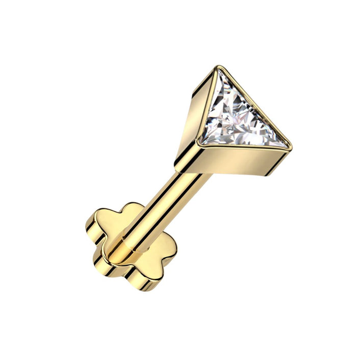 Gold Titanium Threadless Push in Flat Back CZ Triangle Earring