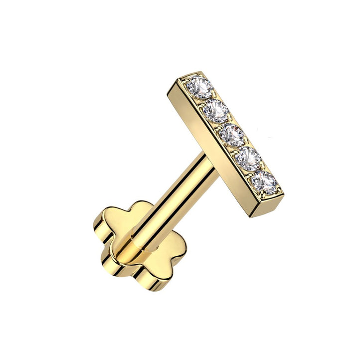 Gold Titanium Threadless Push in Flat Back Crystal Bar Earring