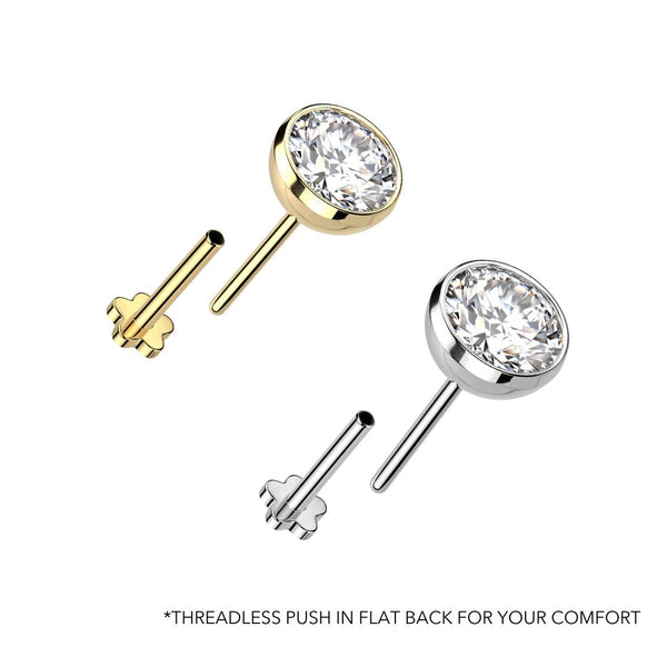 Classic Titanium Threadless Flat Back Round Bezel CZ Earring