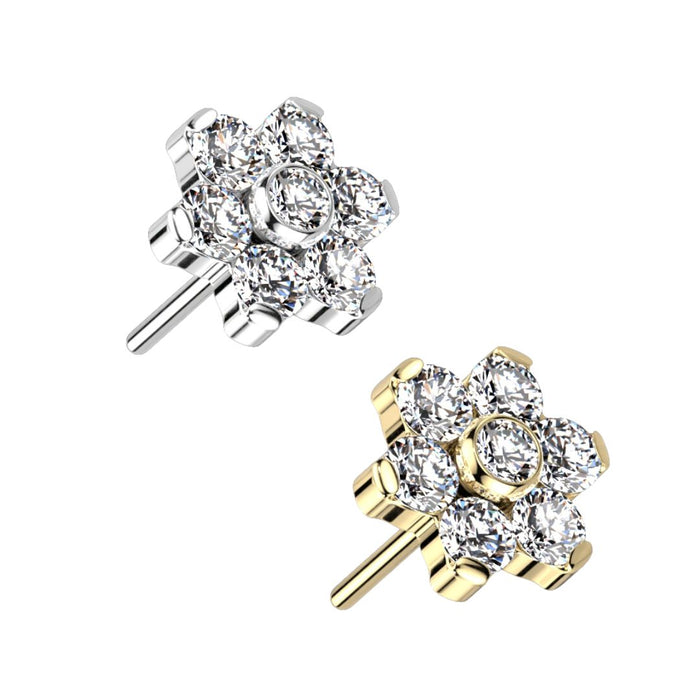 Titanium Threadless Push in Flat Back CZ Flower Earring