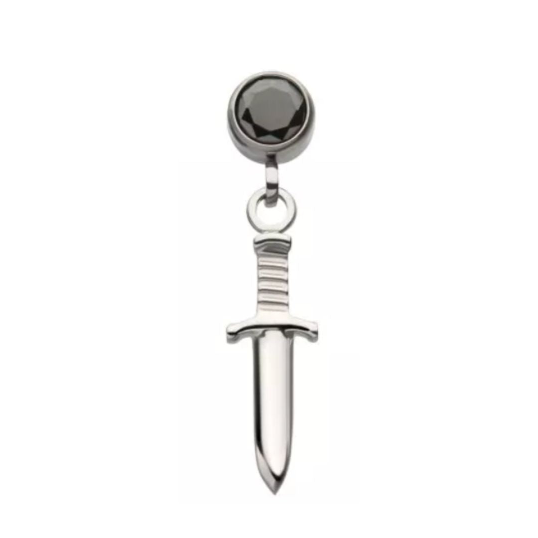 Titanium Threadless Push In Black CZ Dagger Flat Back Earring