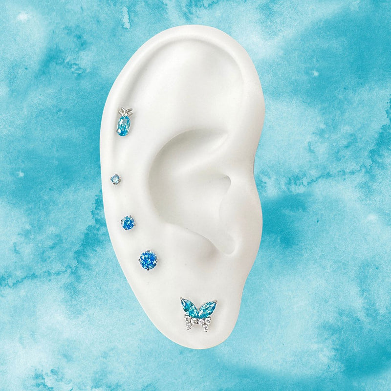 Titanium Threadless CZ Aqua Butterfly Flat Back Earring