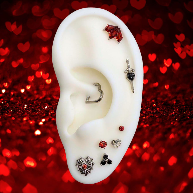 Titanium Threadless Flat Back Red CZ Radiant Heart Earring