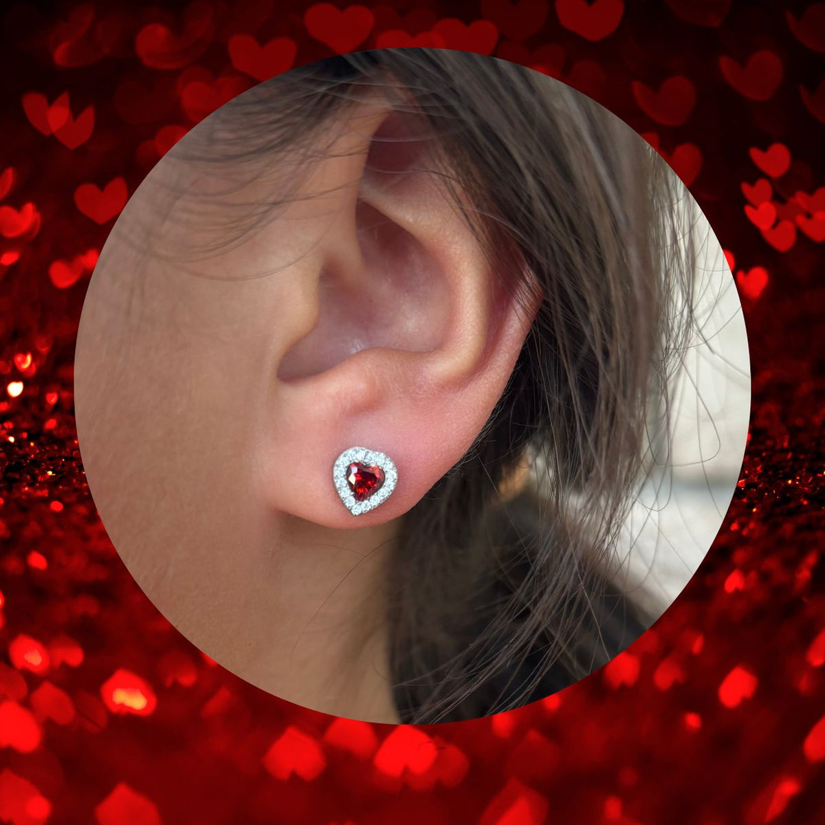 Titanium Push in Flat Back Red CZ Valentine Heart Earring