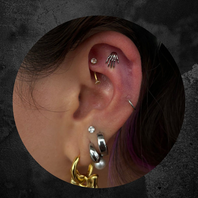 Titanium Threadless Push In Flat Back Skeleton Hand Earring